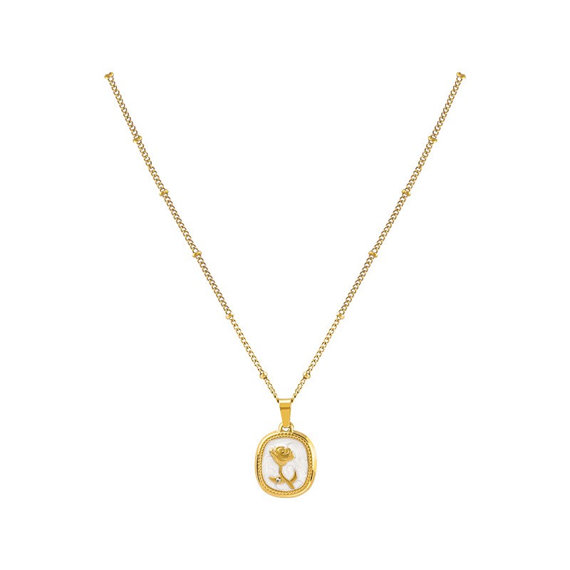 Elegant Enamel Rose Titanium Steel Necklace for Women – Diamond Accent Clavicle Chain