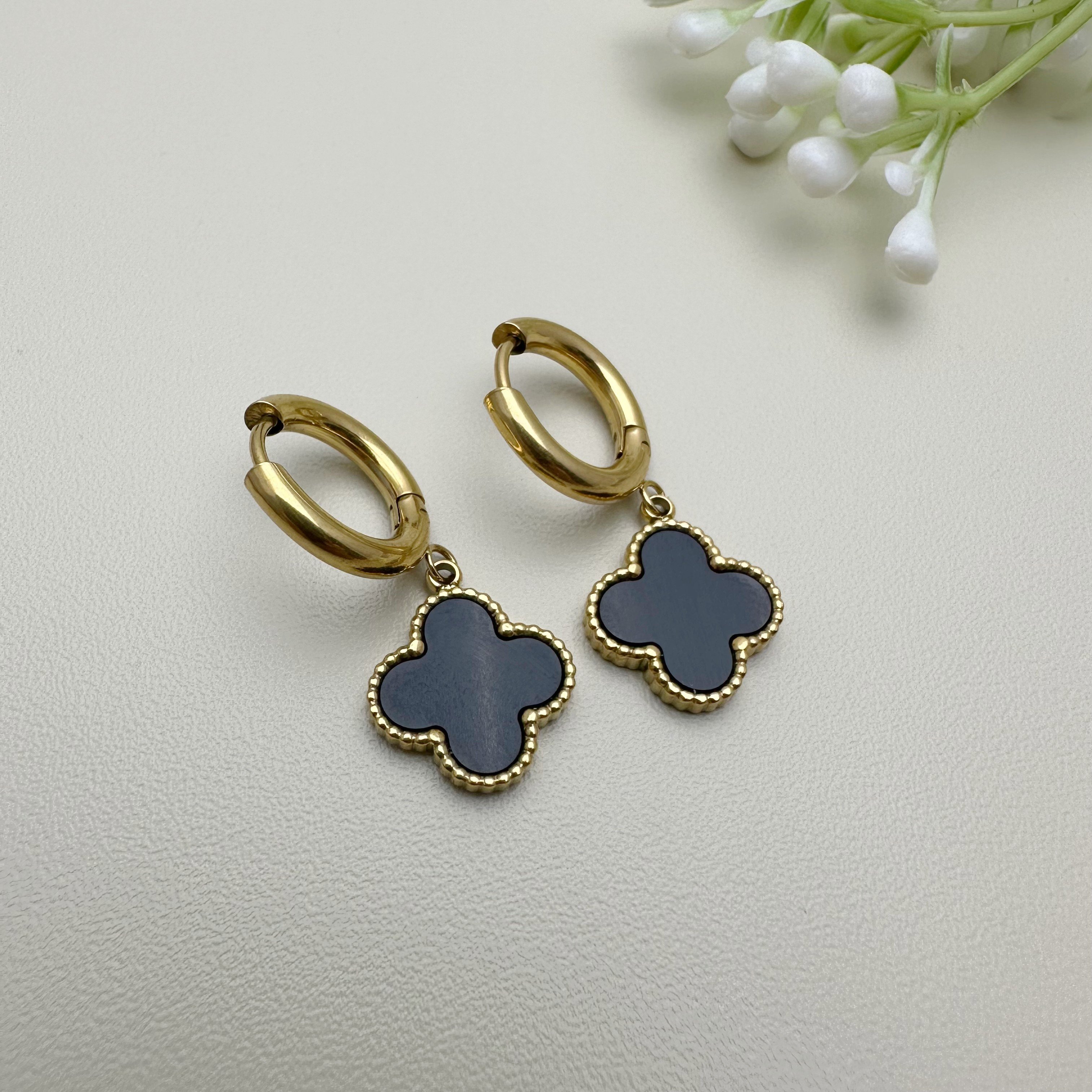 Elegant Four-Leaf Clover Black Onyx Drop Earrings for Women - Gold Plated Hoop Dangle Earrings with Shell Inlay - Fashion Jewelry for Daily and Formal Wear