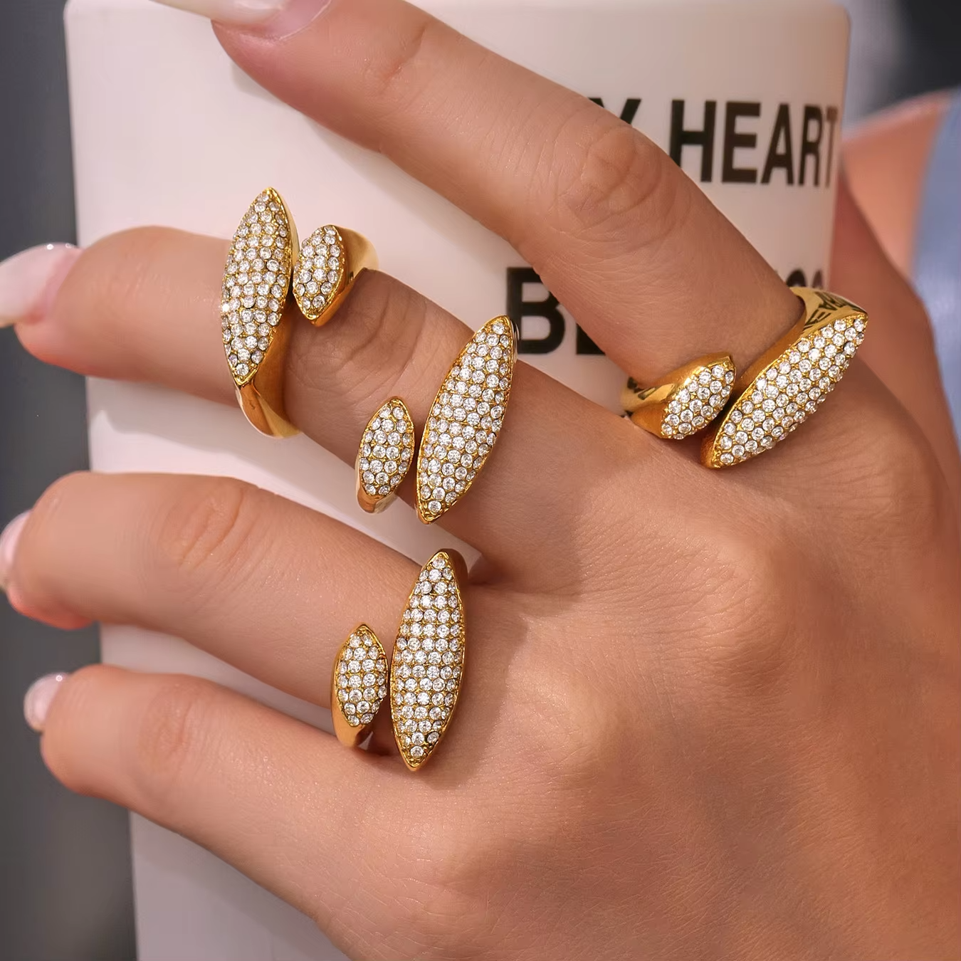 Elegant Gold-Plated Titanium Steel Open Ring Studded Geometric Design Simple Stylish Stainless Steel Jewelry for Trendy Fashion