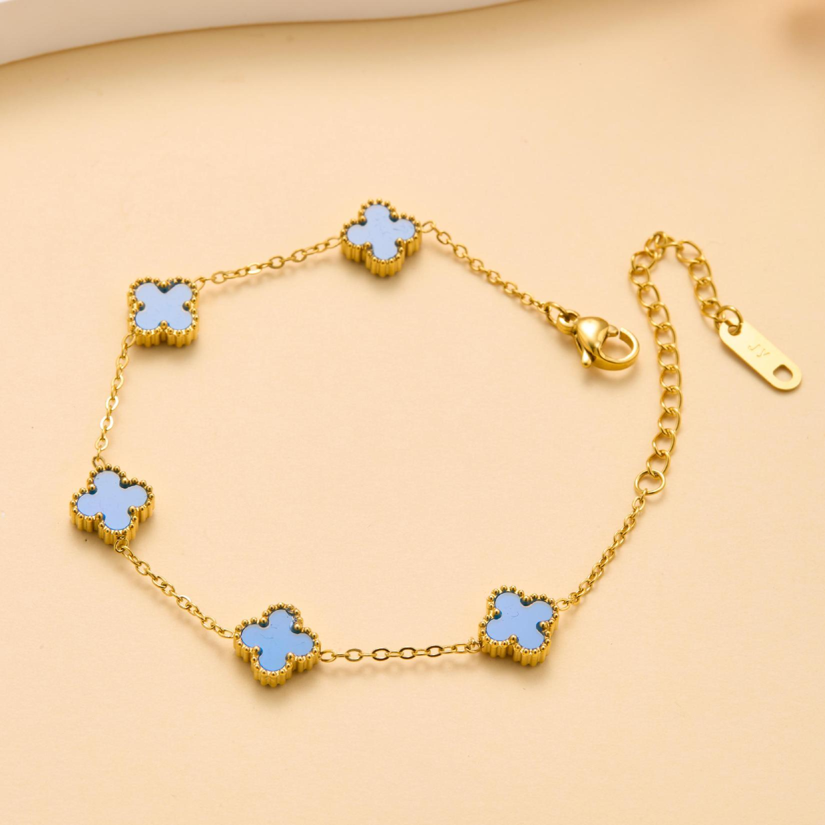 Elegant Gold Chain Bracelet with Blue Clover Charms – Dainty Fashion Jewelry for Women, Adjustable Lucky Bracelet Gift