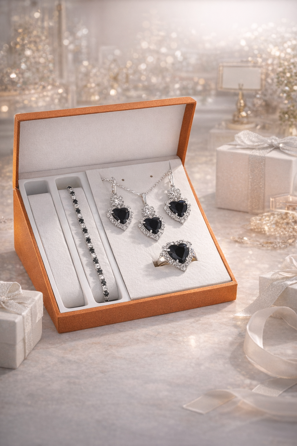 Luxury Stainless Steel Jewelry Sets Heart Crystal Necklace Earrings Ring Bracelet Set Women Fashion Jewelry Sets