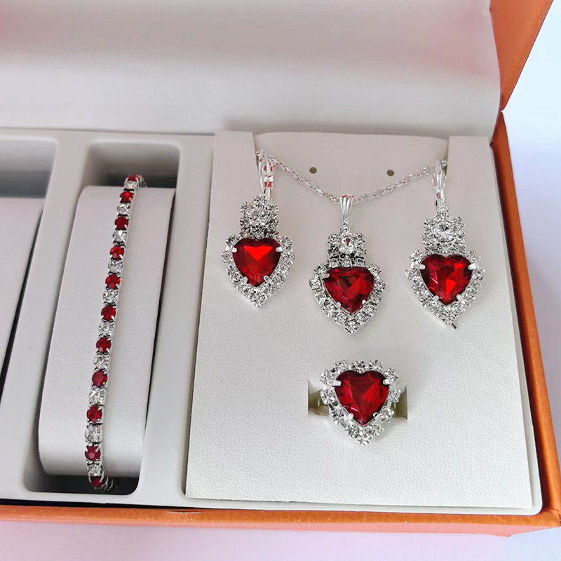 Luxury Stainless Steel Jewelry Sets Heart Crystal Necklace Earrings Ring Bracelet Set Women Fashion Jewelry Sets