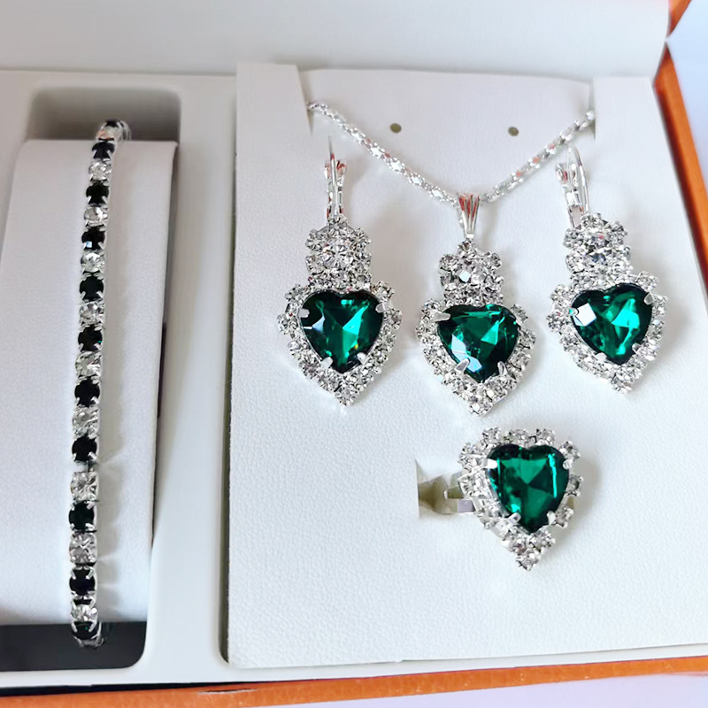 Luxury Stainless Steel Jewelry Sets Heart Crystal Necklace Earrings Ring Bracelet Set Women Fashion Jewelry Sets