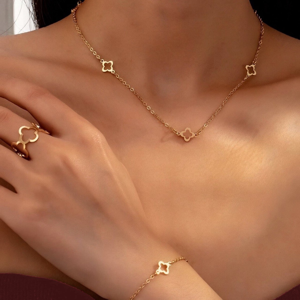 Elegant Minimalist Clover Necklace Set Stainless Steel Jewelry Gold Four Leaf Bracelet Ring Jewelry Set for Women