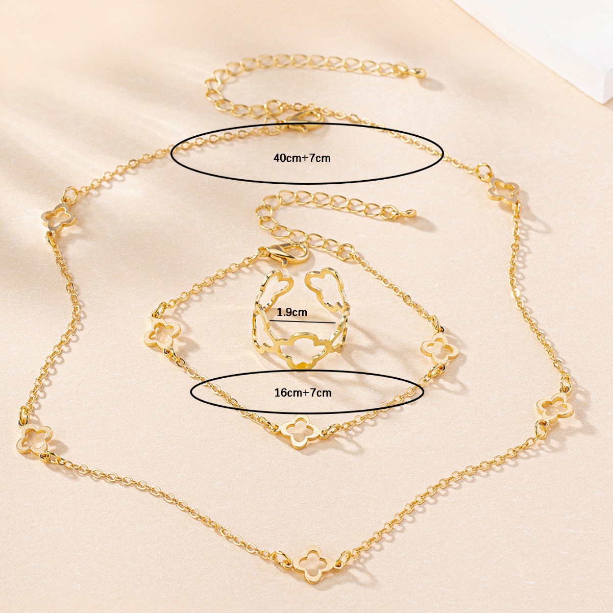 Elegant Minimalist Clover Necklace Set Stainless Steel Jewelry Gold Four Leaf Bracelet Ring Jewelry Set for Women