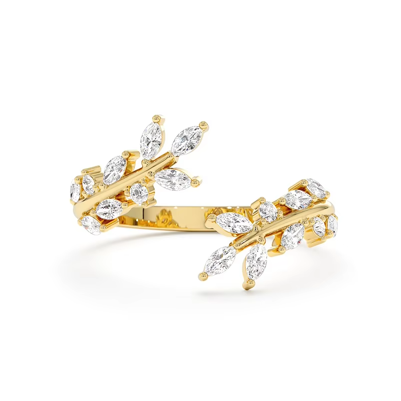 Elegant Olive Leaf Open Ring in 925 Sterling Silver with 18K Gold Plating and Zircon Stones