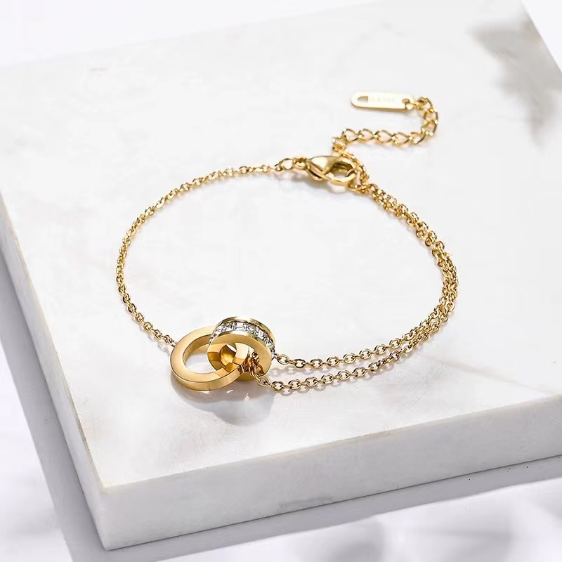 Elegant Panjas Bracelet Gold Plated Double Chain Crystal Interlock Ring Charm Jewelry