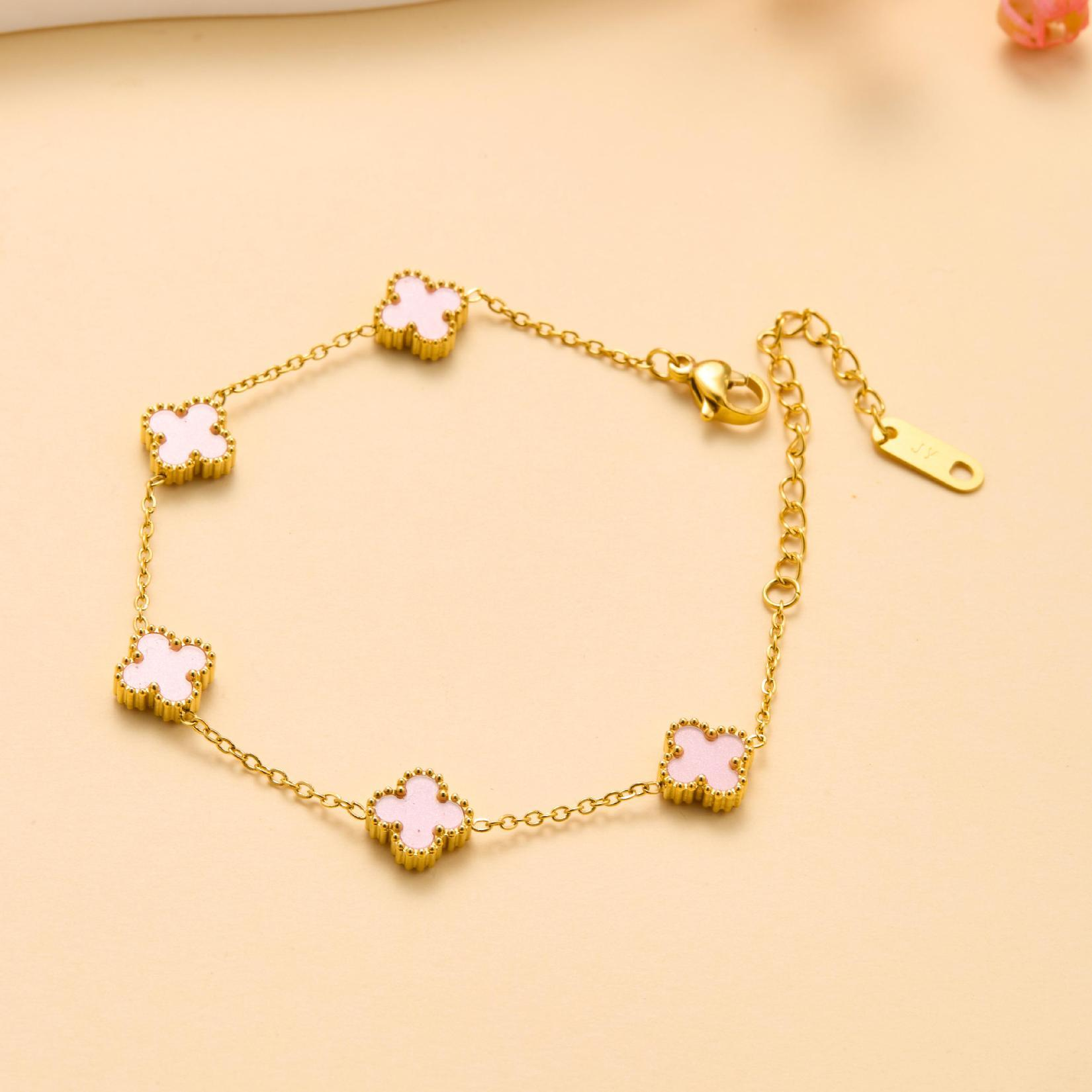 Elegant Pink Clover Bracelet for Women - Gold Plated Chain with Soft Pink Charms - Adjustable Dainty Jewelry Gift