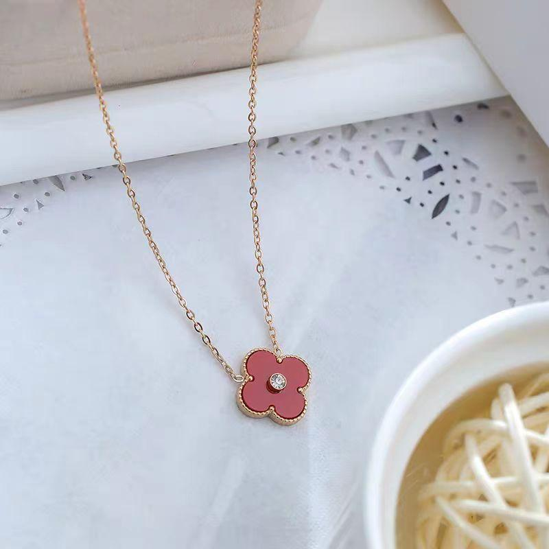 Elegant Pink Clover Pendant Necklace with Diamond Center – Dainty Romantic Jewelry