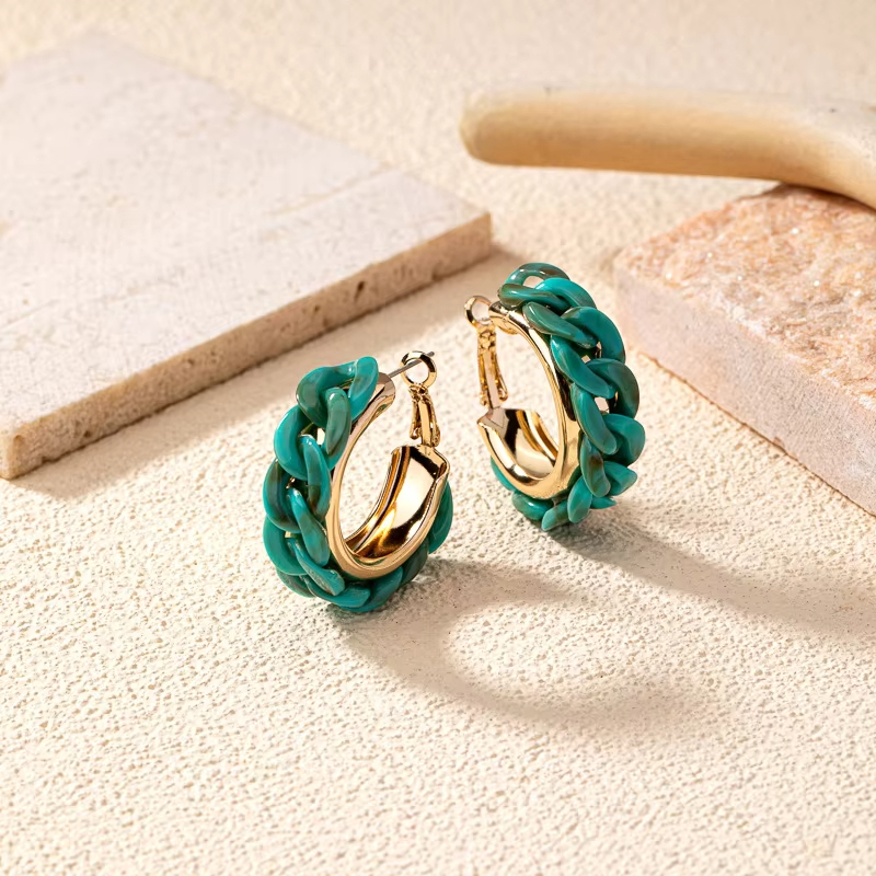 Elegant Simple Anti-Drop Cyan Hoop Chain Earrings New Trendy Gold Plated Cadena Y Aros Wholesale