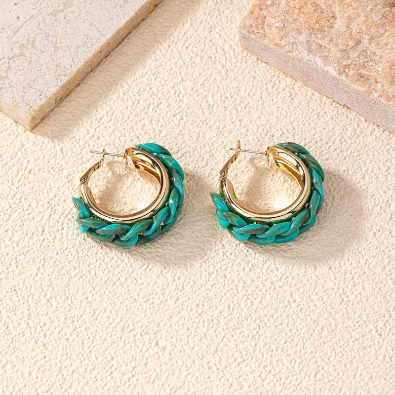 Elegant Simple Anti-Drop Cyan Hoop Chain Earrings New Trendy Gold Plated Cadena Y Aros Wholesale