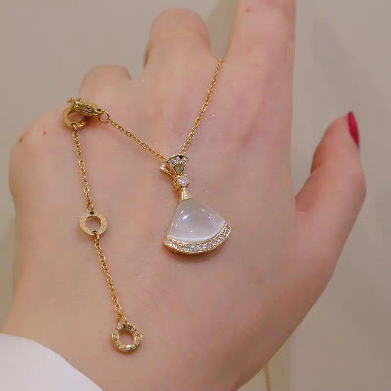 Elegant White Jade Dress Pendant Necklace with Zircon Accents