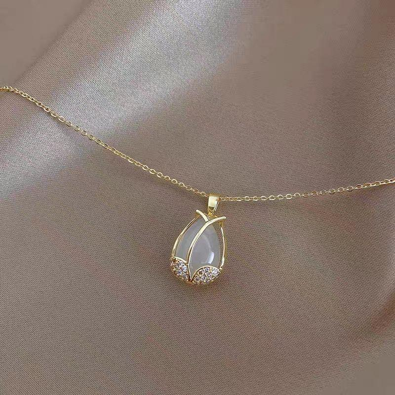Elegant White Jade Teardrop Pendant Necklace – Gold Plated with CZ Accents