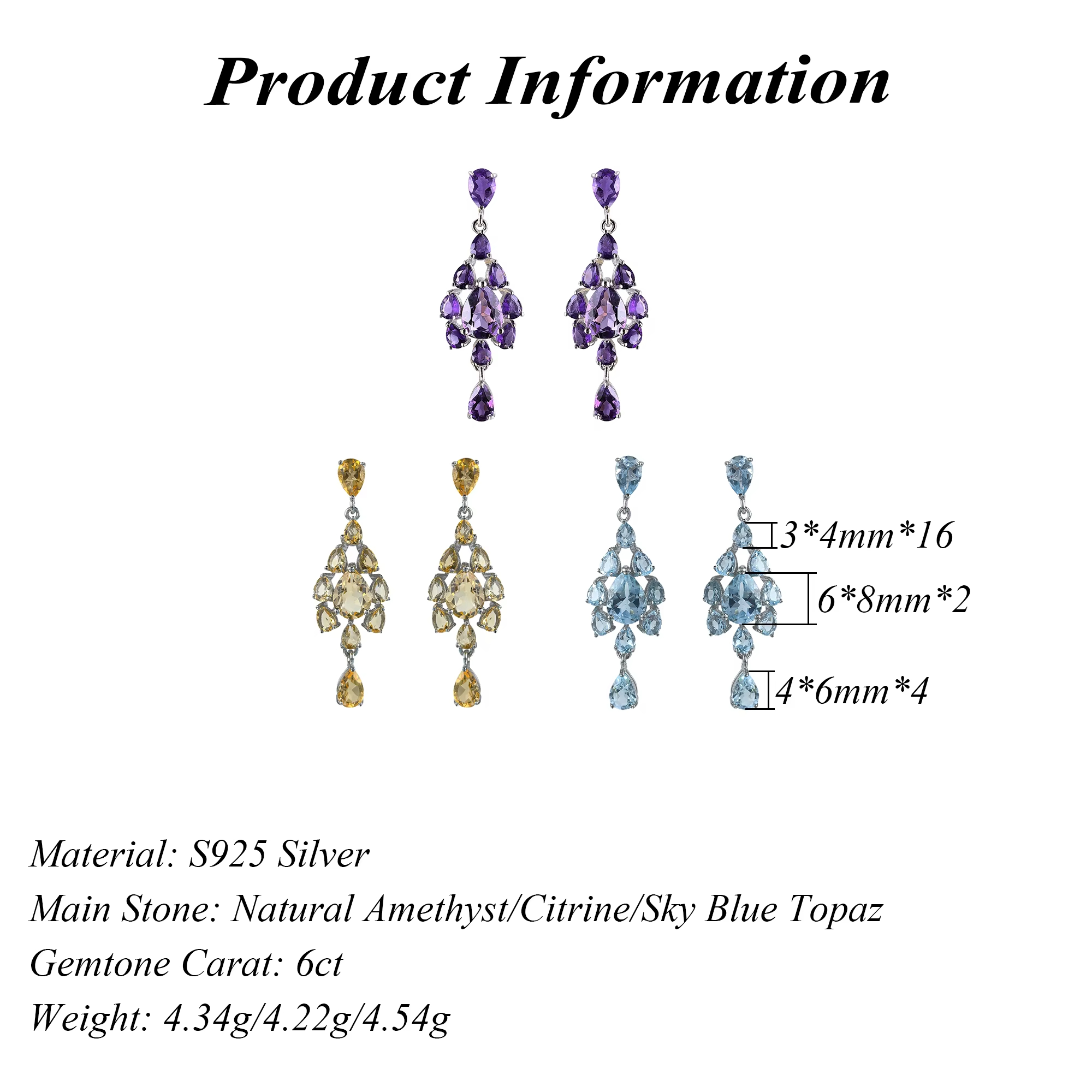 Elegant Women's Trendy Geometric Drop Earrings Rhodium 925 Silver Natural Amethyst/Citrine/Sky Blue Topaz Anniversary Party Gift
