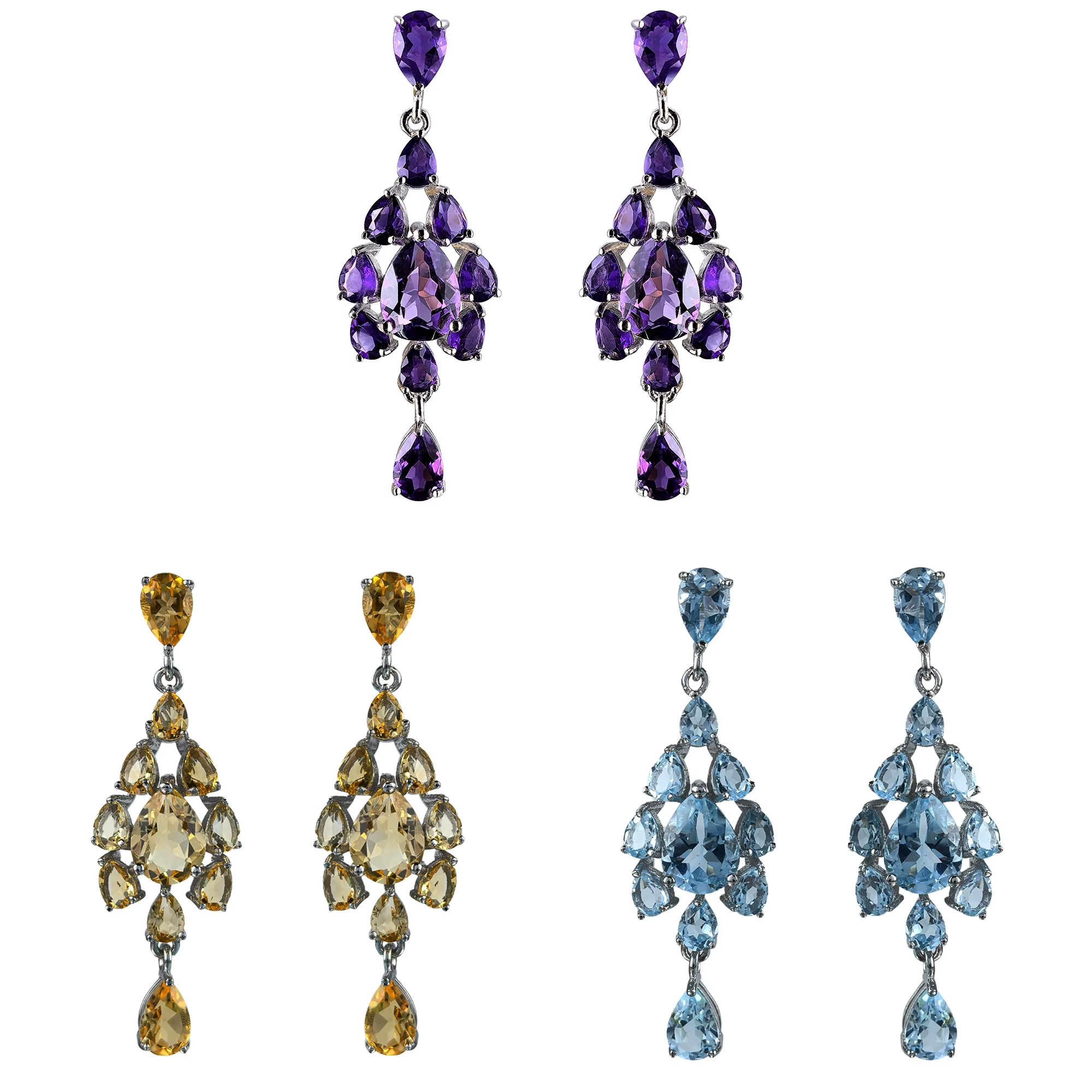 Elegant Women's Trendy Geometric Drop Earrings Rhodium 925 Silver Natural Amethyst/Citrine/Sky Blue Topaz Anniversary Party Gift