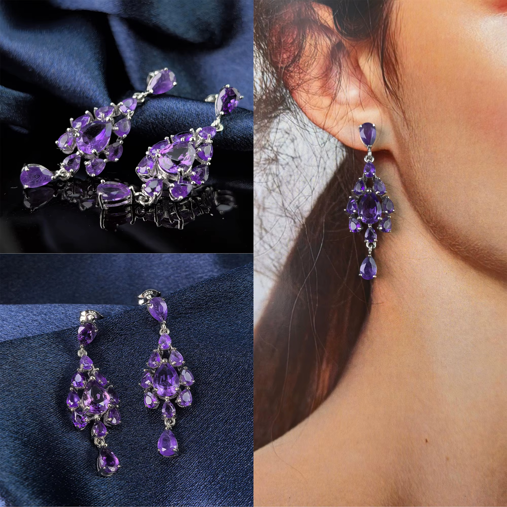 Elegant Women's Trendy Geometric Drop Earrings Rhodium 925 Silver Natural Amethyst/Citrine/Sky Blue Topaz Anniversary Party Gift
