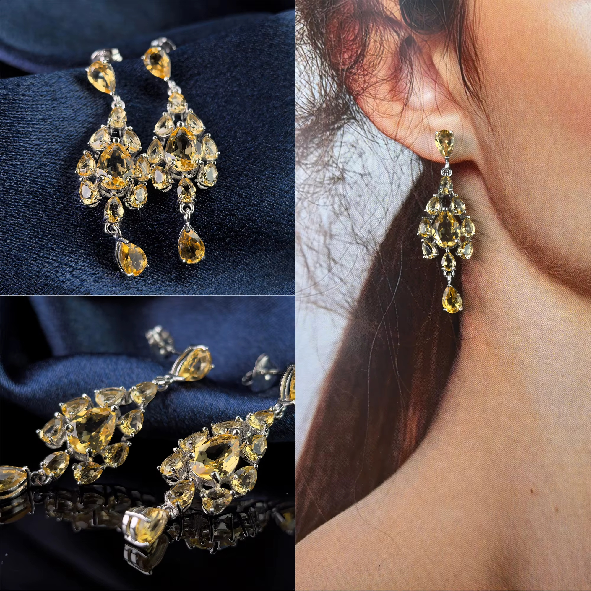 Elegant Women's Trendy Geometric Drop Earrings Rhodium 925 Silver Natural Amethyst/Citrine/Sky Blue Topaz Anniversary Party Gift