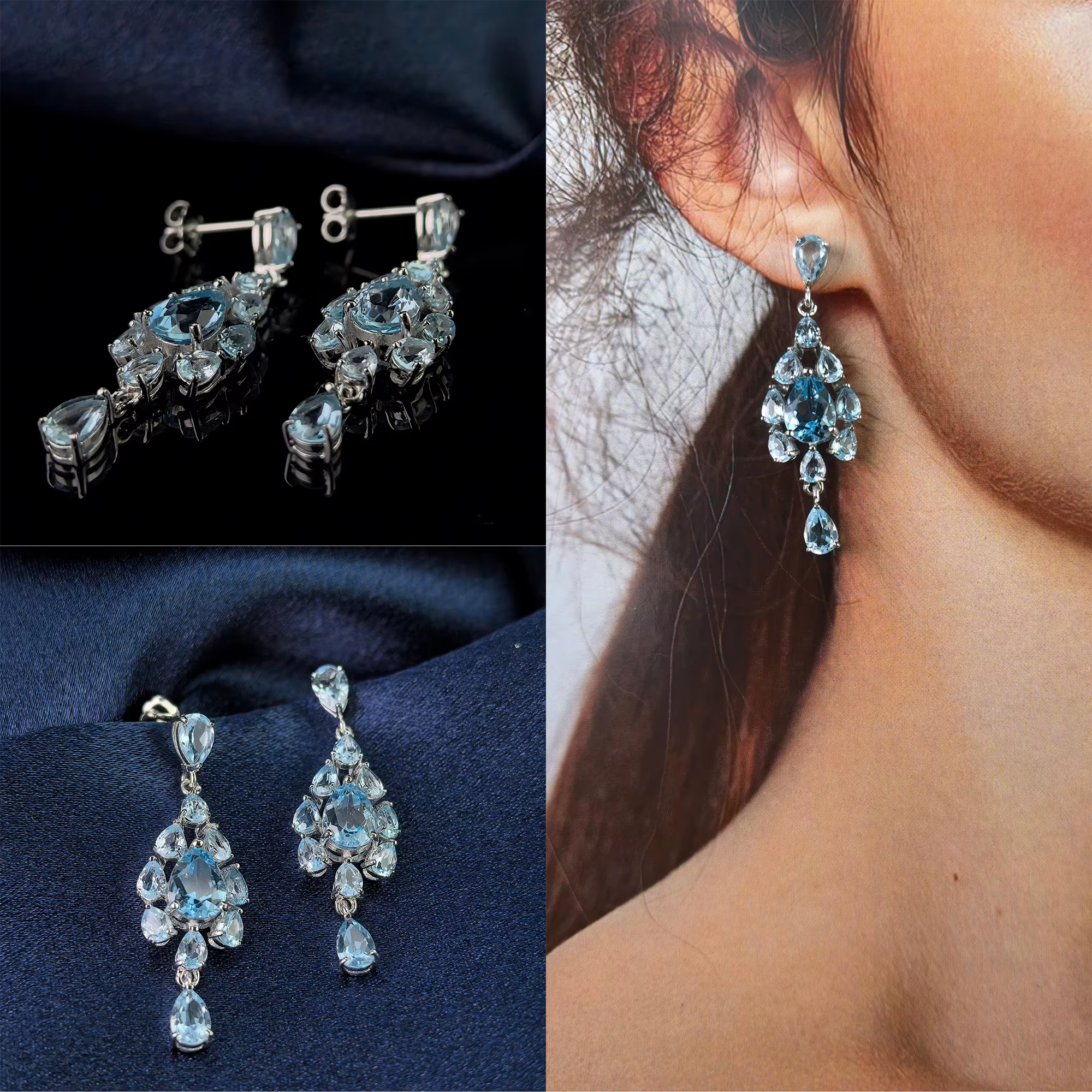 Elegant Women's Trendy Geometric Drop Earrings Rhodium 925 Silver Natural Amethyst/Citrine/Sky Blue Topaz Anniversary Party Gift