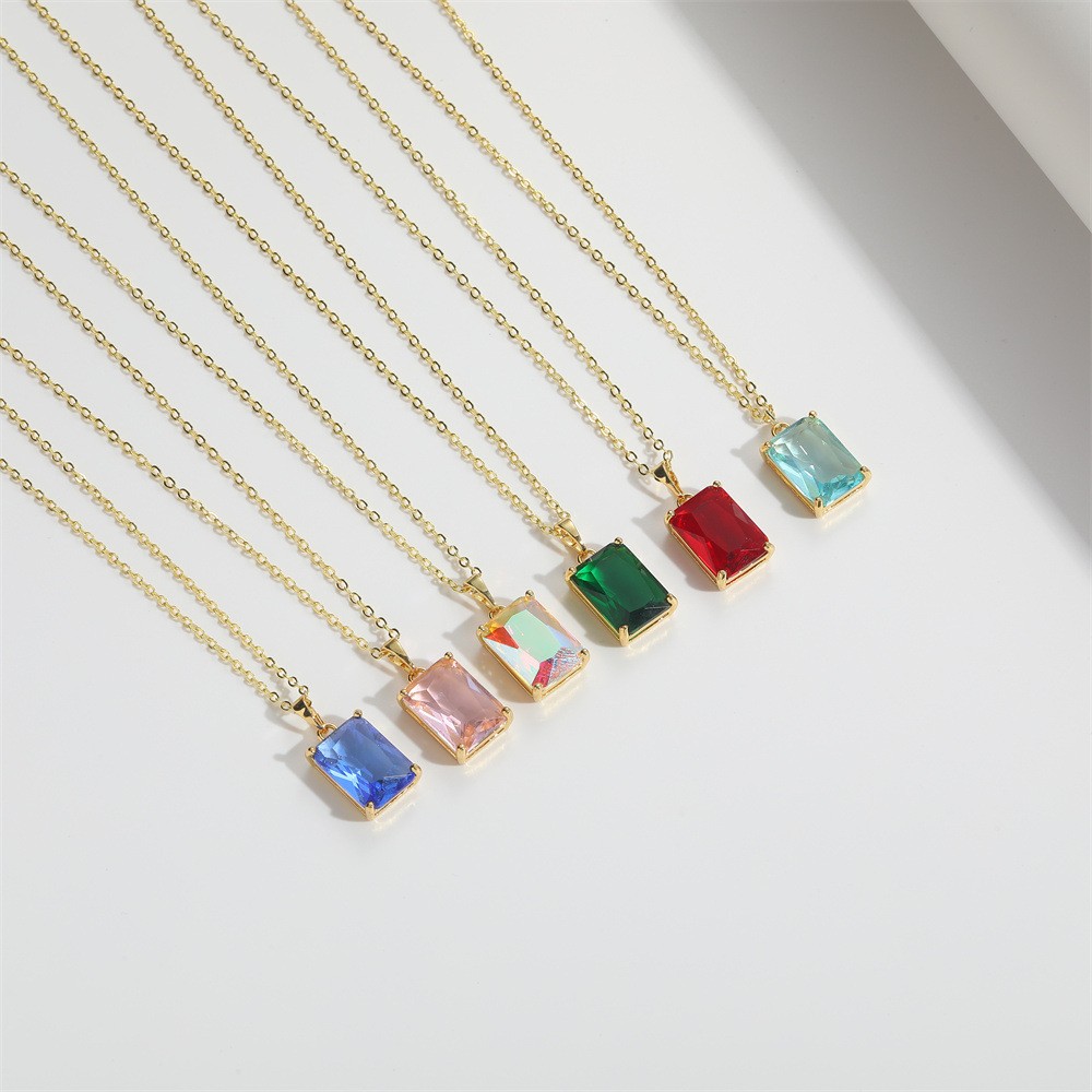 Emerald Cut Colored Zircon Pendant Necklace for Women Gold Tone Copper Chain