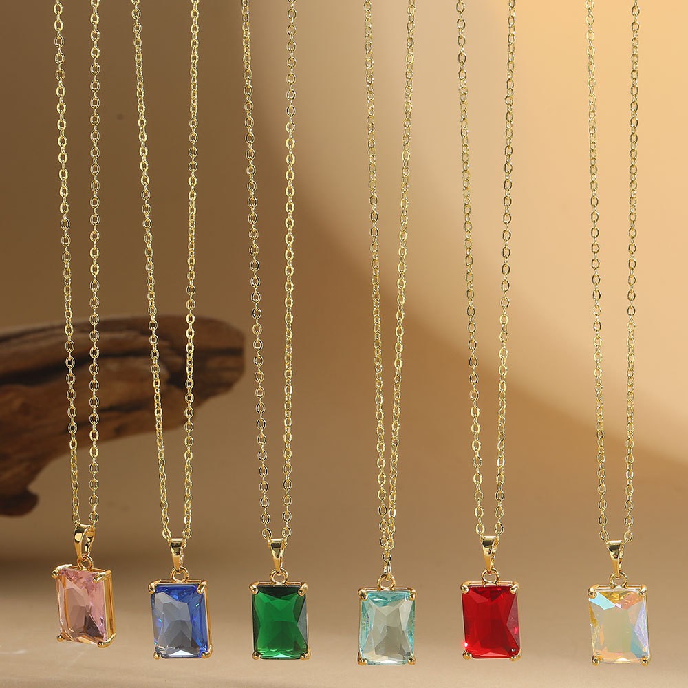 Emerald Cut Colored Zircon Pendant Necklace for Women Gold Tone Copper Chain