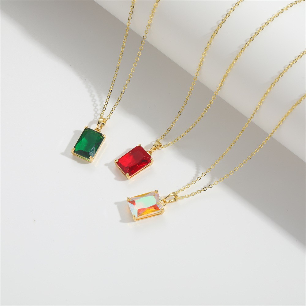 Emerald Cut Colored Zircon Pendant Necklace for Women Gold Tone Copper Chain