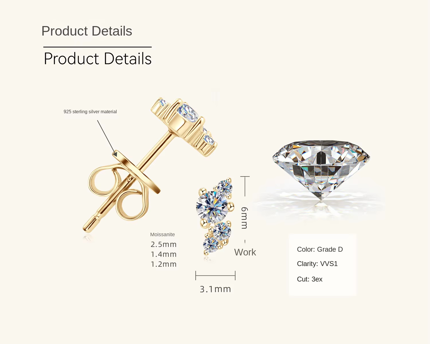 Europe United States New Fashion S925 Sterling Silver Moissanite Earrings Simple Cool Style Non-Allergic Jewelry