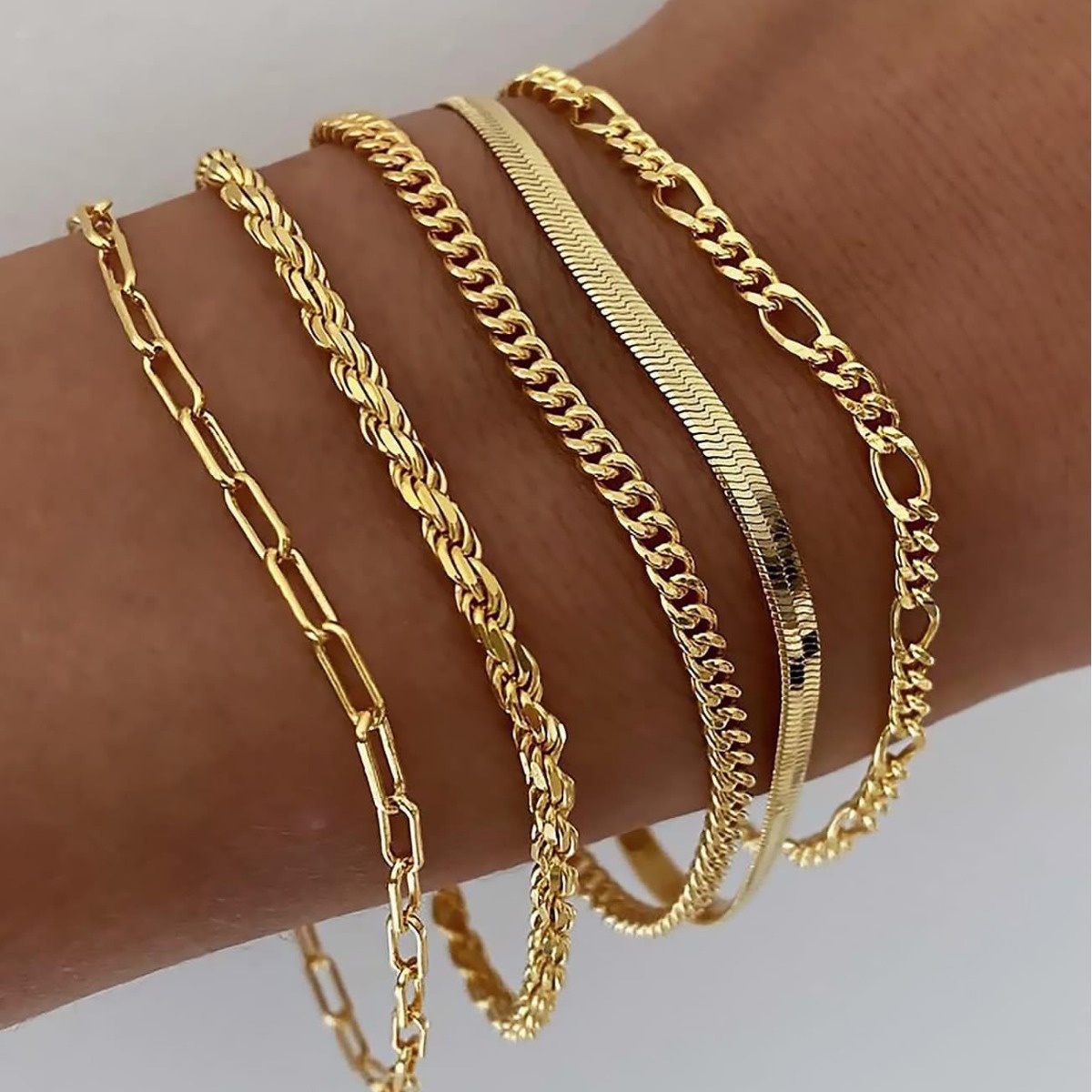European American Popular Trendy 5-Piece Gold Metal Chain Bracelet Set Simple Multi-Layer Geometric Design Cross-Border