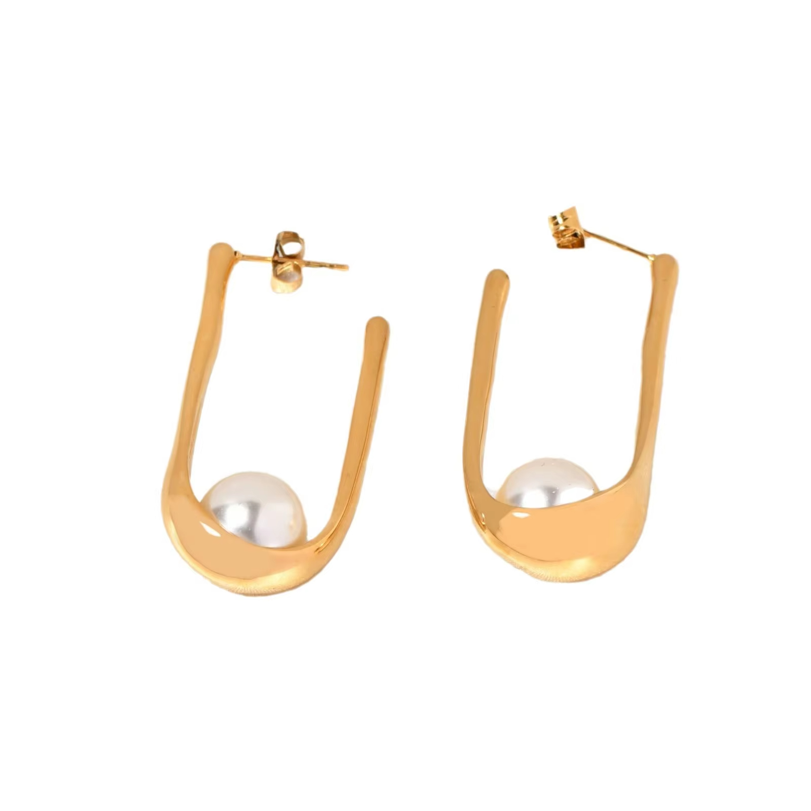 European American Stainless Steel Gold-color Plated Bezel Set Advanced Sense Niche Pearl Women's Butterfly Shape Trendy Earrings
