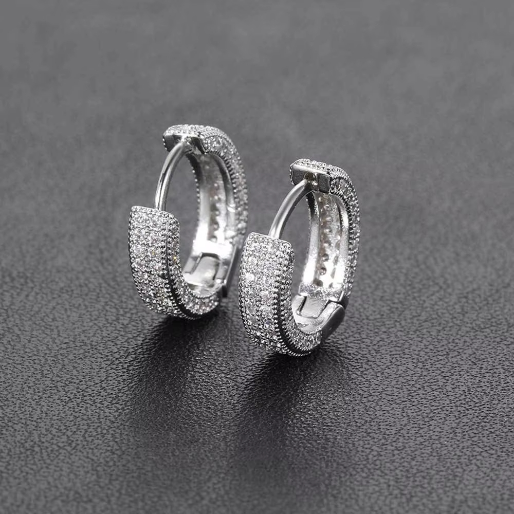 European and American Pop Circle Style square Hip-hop Micro Inlaid Zircon Trendy Bling Full Diamond Earrings for Men and Women