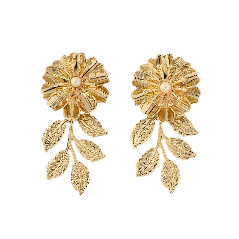 Exaggerated Heavy Metal Style 3D Flower Leaf Tassel Earrings, European American Vintage Street Shot Ear Jewelry for Women