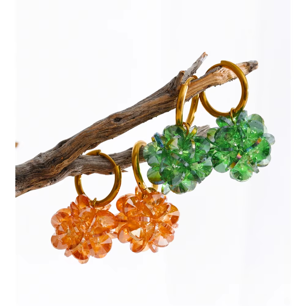 Exquisite Gold Plated Stainless Steel Hoop Earrings Crystal Flower Drop Earrings for Daily Wear