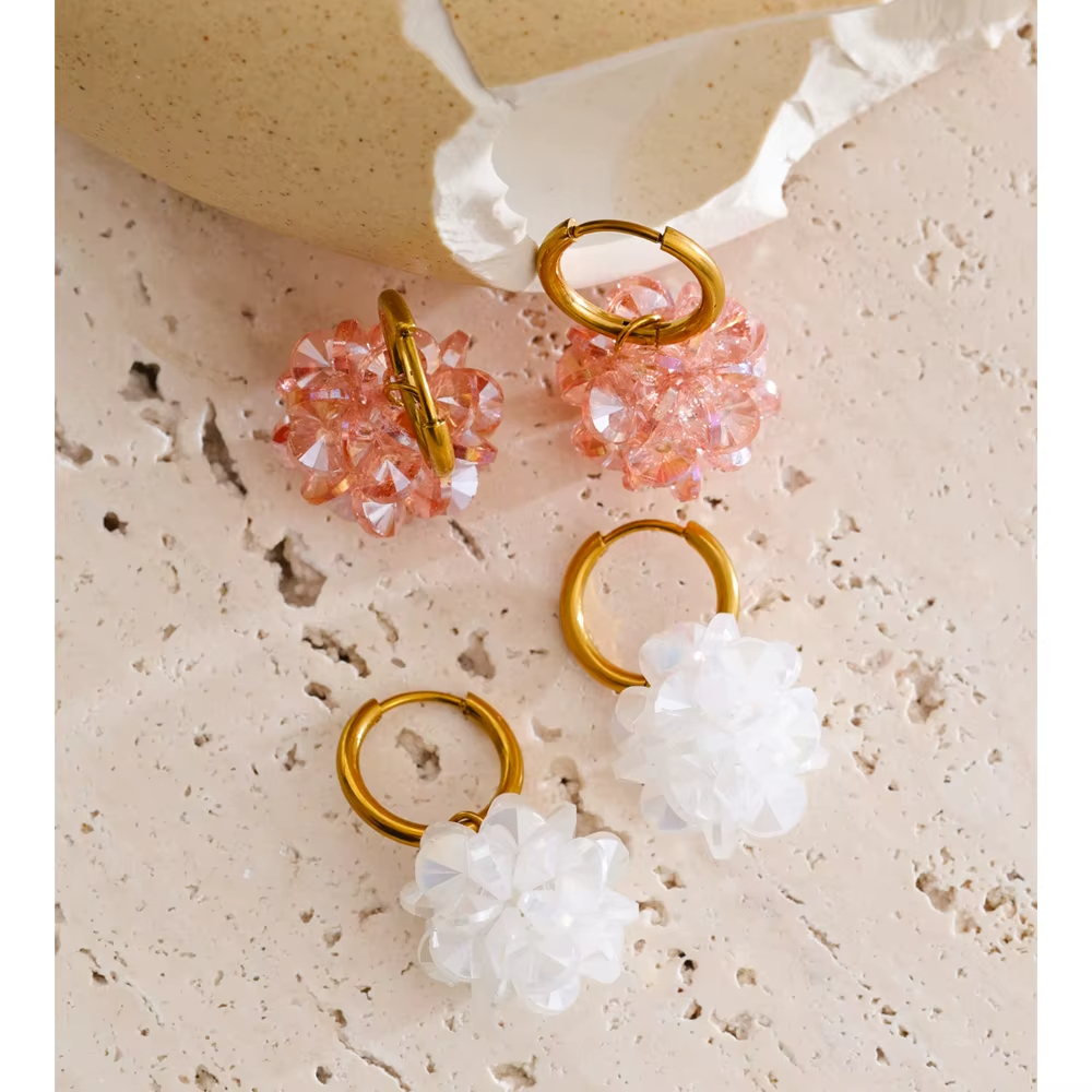 Exquisite Gold Plated Stainless Steel Hoop Earrings Crystal Flower Drop Earrings for Daily Wear