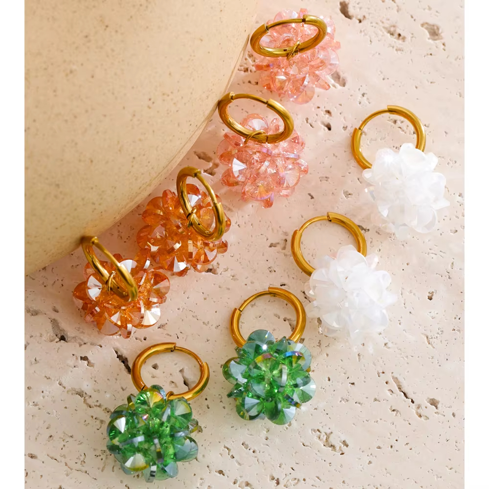 Exquisite Gold Plated Stainless Steel Hoop Earrings Crystal Flower Drop Earrings for Daily Wear