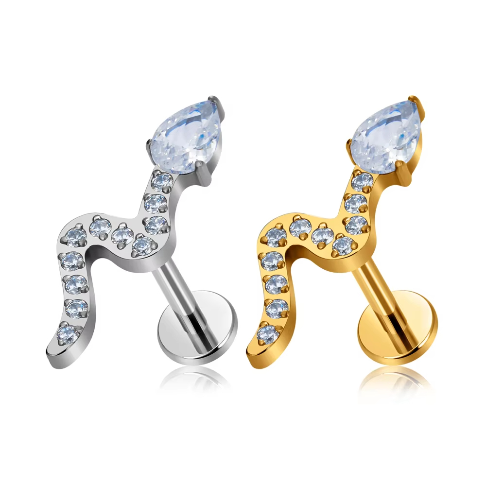 F136 Titanium Snake Shape Nose Stud Earrings Zircon Inlay Labret Piercing 16G Ear Stud Ear Tragus Body Piercing Jewelry
