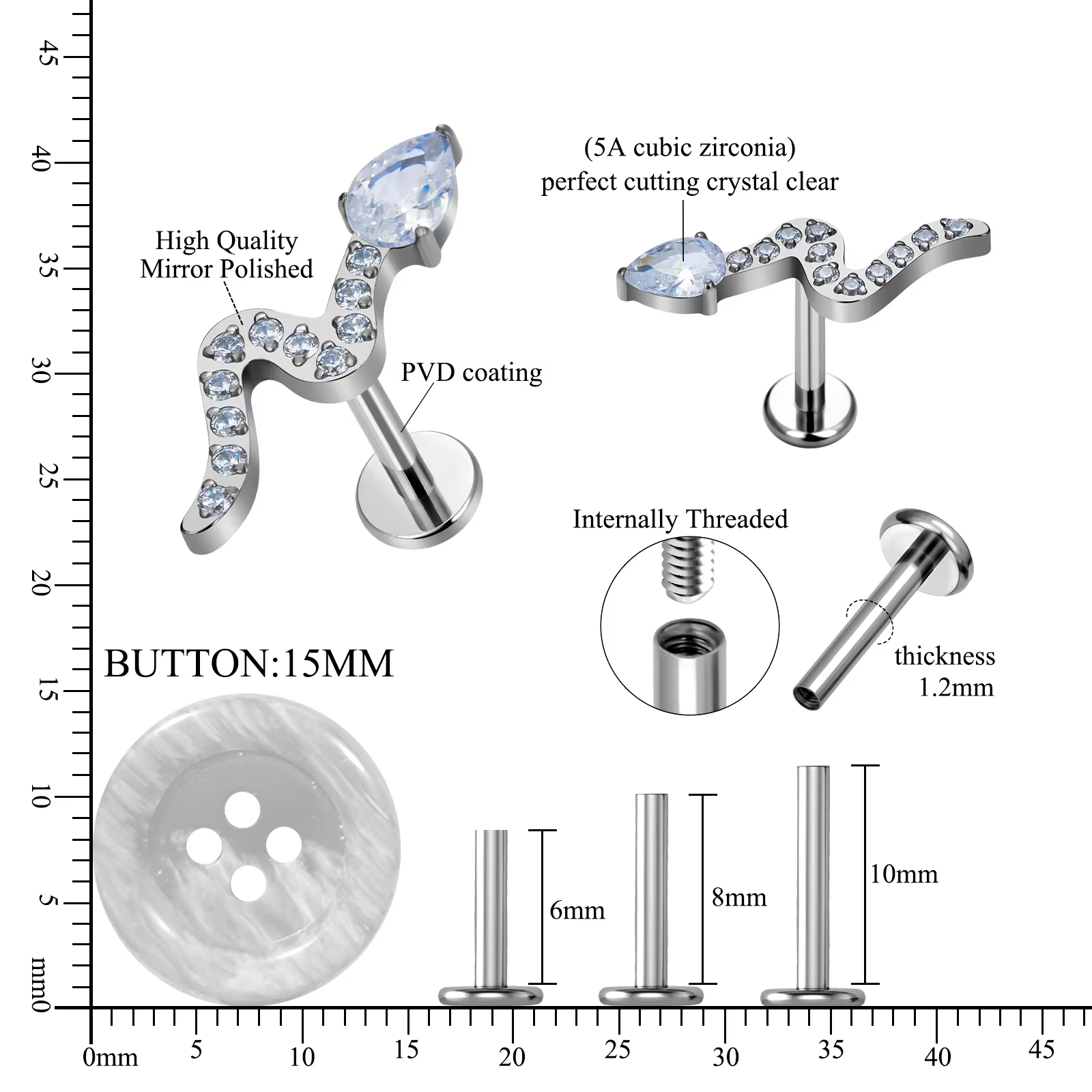 F136 Titanium Snake Shape Nose Stud Earrings Zircon Inlay Labret Piercing 16G Ear Stud Ear Tragus Body Piercing Jewelry