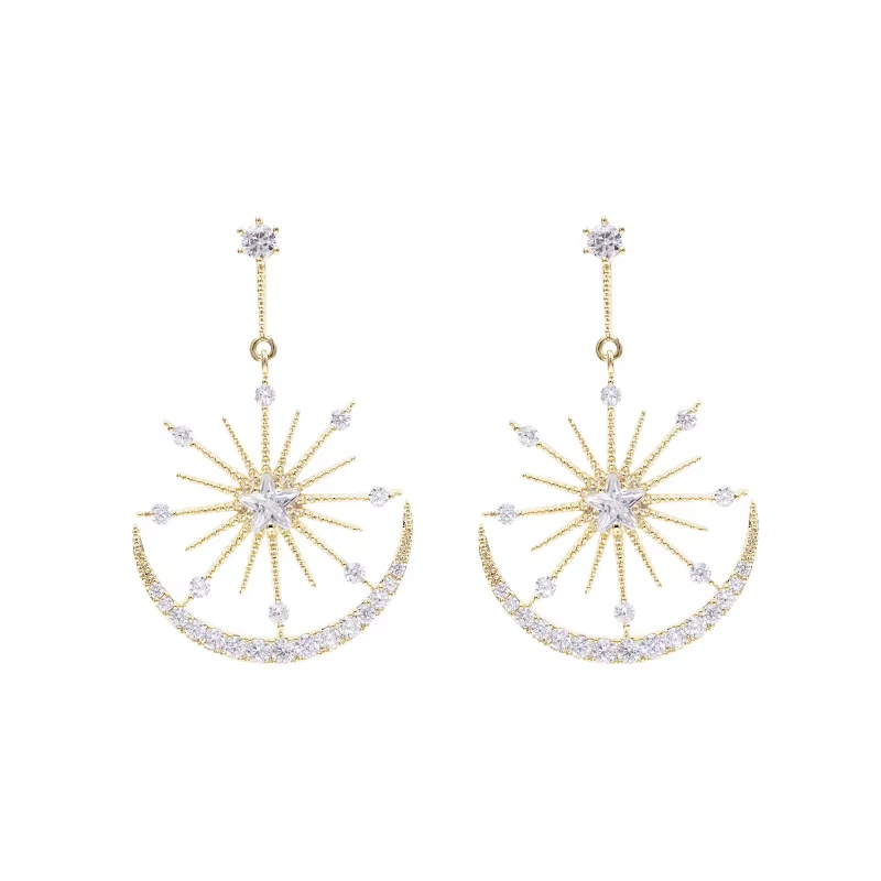 Korea Luxury Drop Earrings Zircon Star Moon Design Pendant Earrings Jewelry for Women