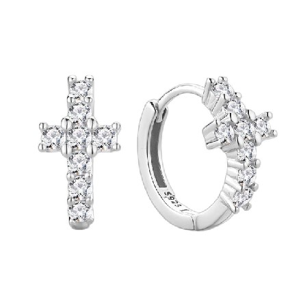Sterling Silver Cross Hoop Earrings for Women – 925 Silver Huggie Hoops with Cubic Zirconia, Faith Jewelry