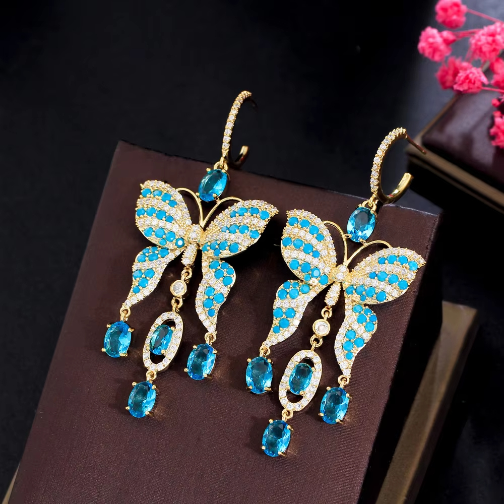Fancy Light Blue Turkish Cubic Zirconia Stone Tassel Big Extra Long Dangling Drop Butterfly Earring for Women Boho Party Jewelry