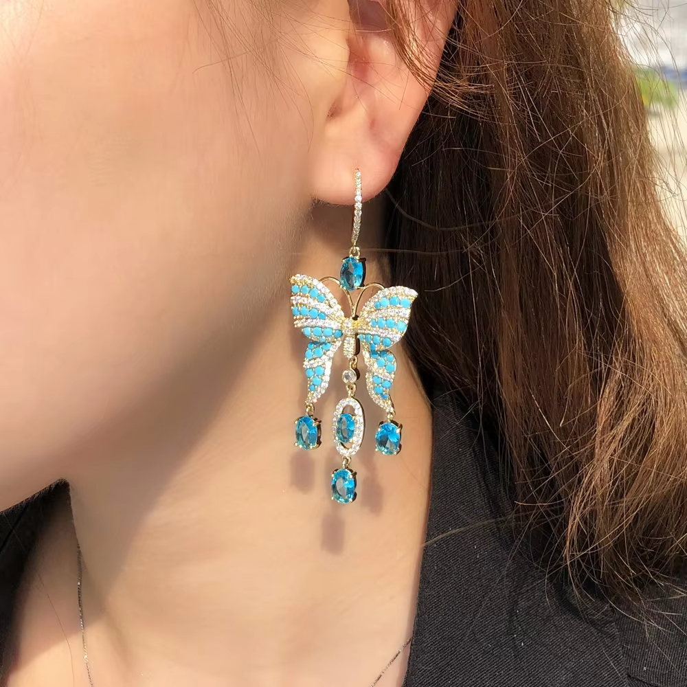 Fancy Light Blue Turkish Cubic Zirconia Stone Tassel Big Extra Long Dangling Drop Butterfly Earring for Women Boho Party Jewelry