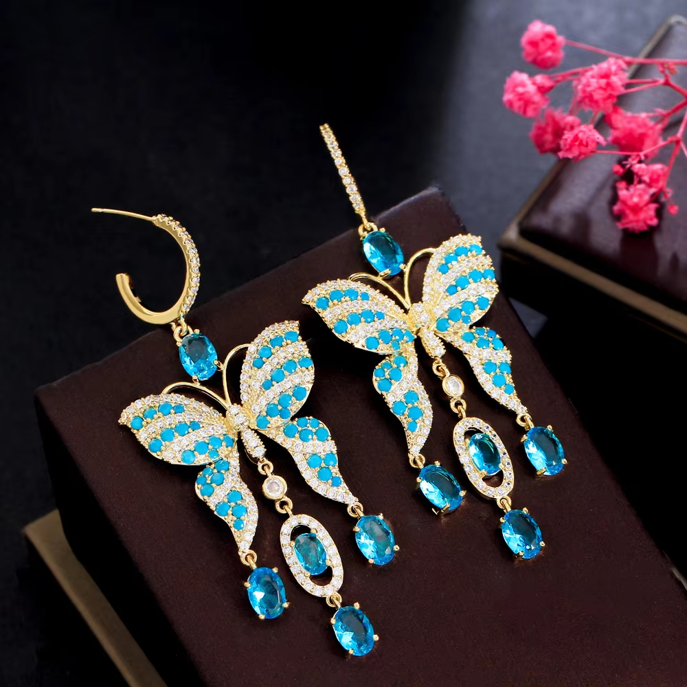 Fancy Light Blue Turkish Cubic Zirconia Stone Tassel Big Extra Long Dangling Drop Butterfly Earring for Women Boho Party Jewelry