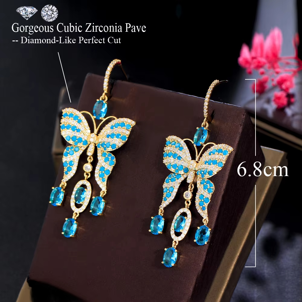 Fancy Light Blue Turkish Cubic Zirconia Stone Tassel Big Extra Long Dangling Drop Butterfly Earring for Women Boho Party Jewelry