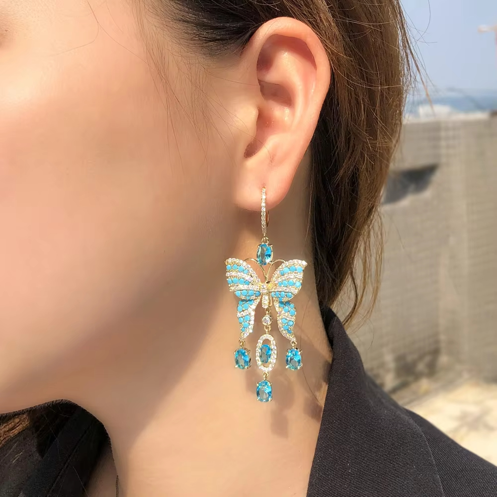 Fancy Light Blue Turkish Cubic Zirconia Stone Tassel Big Extra Long Dangling Drop Butterfly Earring for Women Boho Party Jewelry