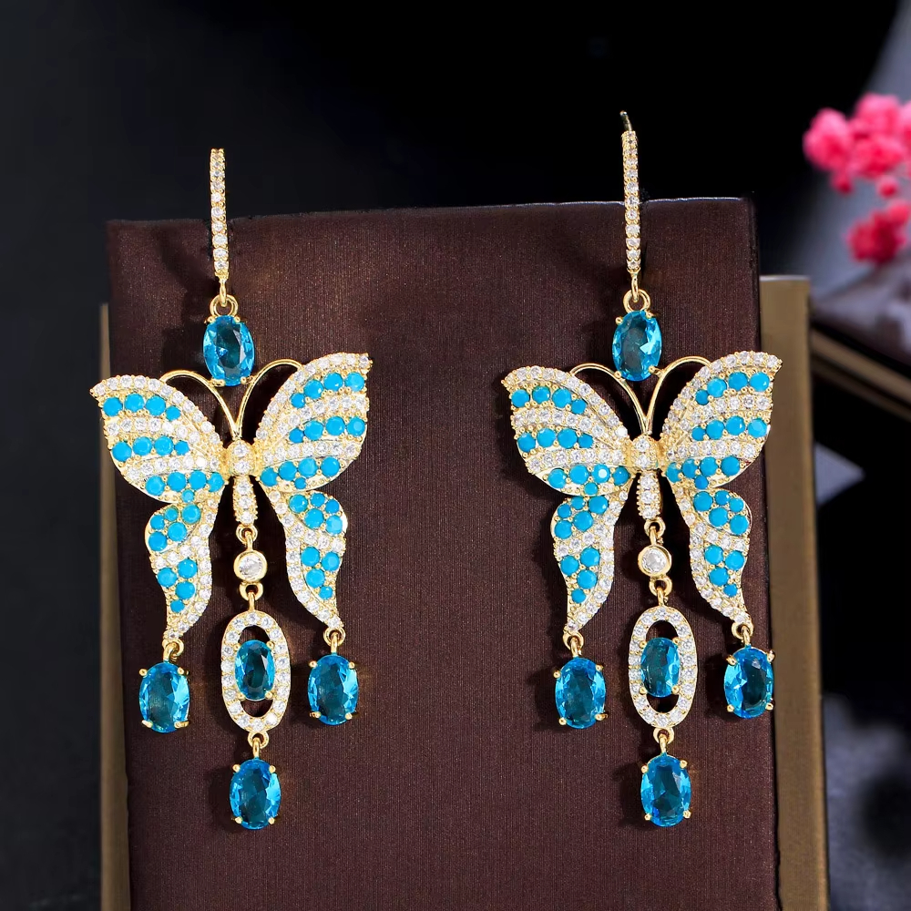 Fancy Light Blue Turkish Cubic Zirconia Stone Tassel Big Extra Long Dangling Drop Butterfly Earring for Women Boho Party Jewelry