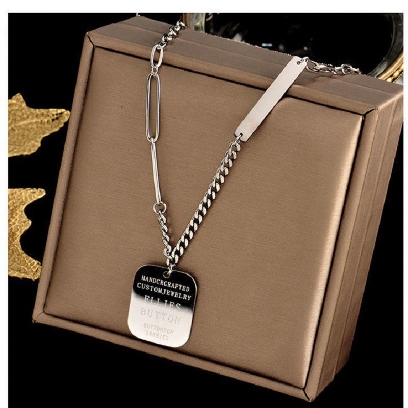 Silver Titanium Steel Tag Necklace with Engraved Text for Men and Women