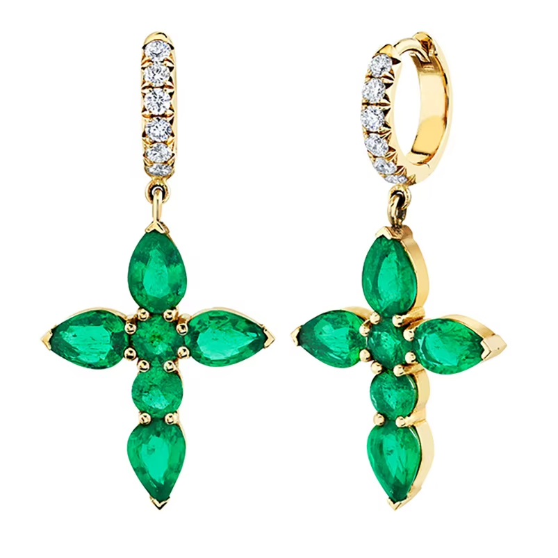 Fashion 18 Karat Gold Plated Emerald Cross Hoop Earrings