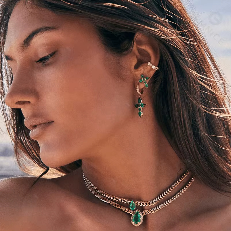 Fashion 18 Karat Gold Plated Emerald Cross Hoop Earrings