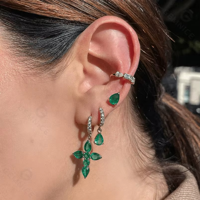 Fashion 18 Karat Gold Plated Emerald Cross Hoop Earrings