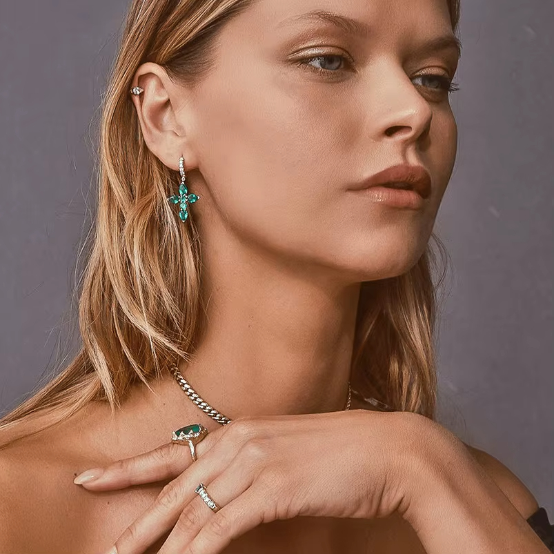 Fashion 18 Karat Gold Plated Emerald Cross Hoop Earrings