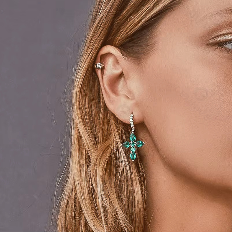 Fashion 18 Karat Gold Plated Emerald Cross Hoop Earrings