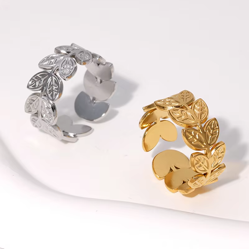 Fashion Adjustable Leaf Open Ring – High Quality Stainless Steel Jewelry for Women